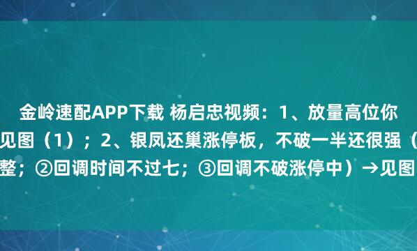 金岭速配APP下载 杨启忠视频：1、放量高位你不跑，猴年马月没得好→见图（1）；2、银凤还巢涨停板，不破一半还很强（①涨停后出现调整；②回调时间不过七；③回调不破涨停中）→见图（2）；3、尾盘收绿出现长上影，赶紧跑...